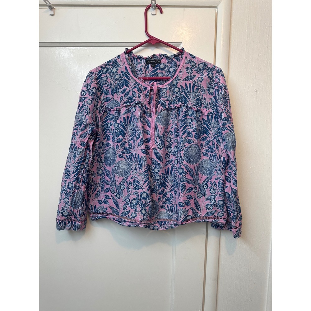 Abigail Borg for J.Crew Pink Navy Floral Cotton Silk Ruffle Blouse Top Large